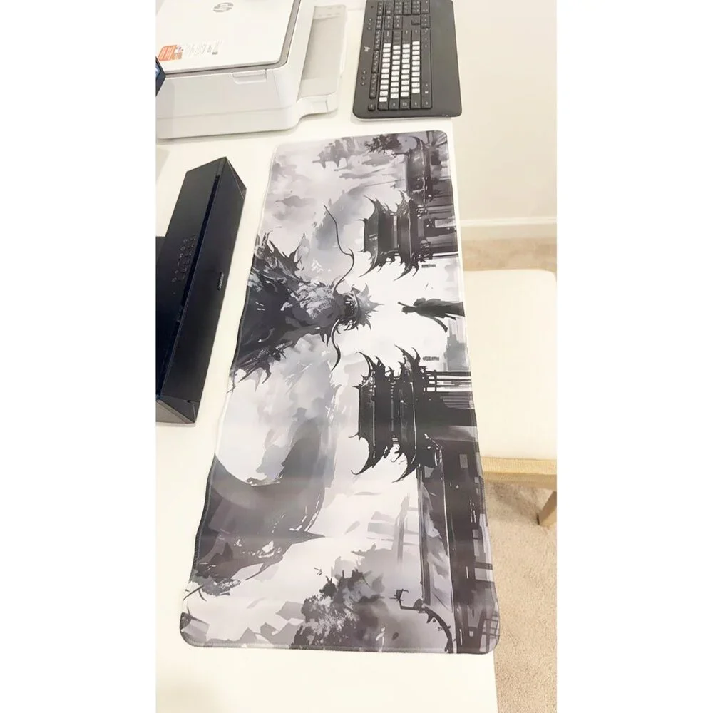 Chinese Ink Style Dark Dragon & Ancient Pavilion Large Gaming Mouse Pad